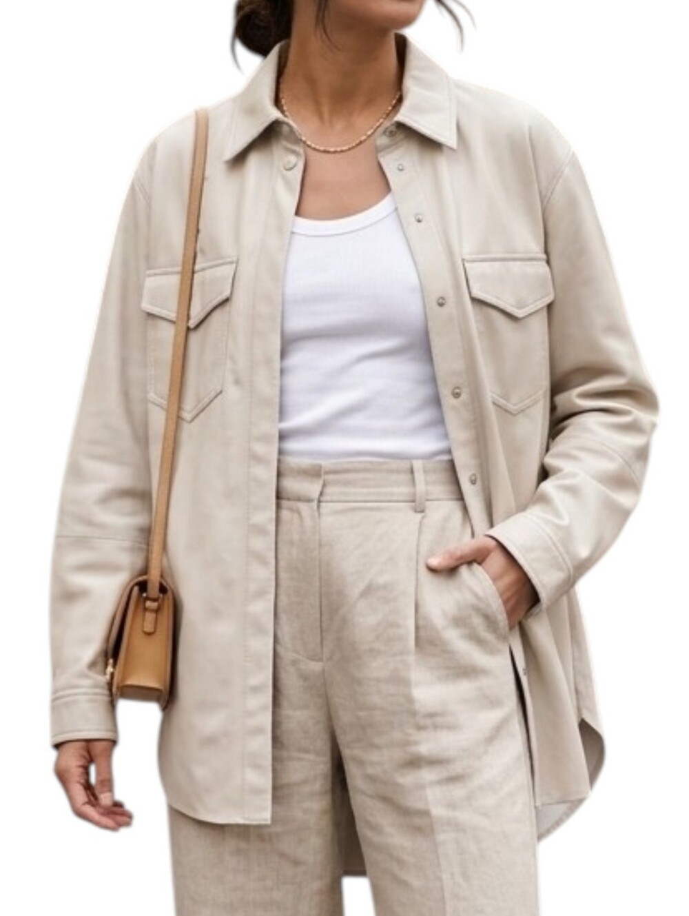 Nanushka Vegan Leather Button Down Shirt Jacket Cream Beige Medium